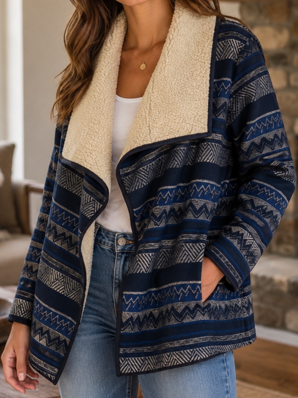 LF | KIWI TUCKER Southwestern Tribal Print Teddy Lined Longline Jacket Medium